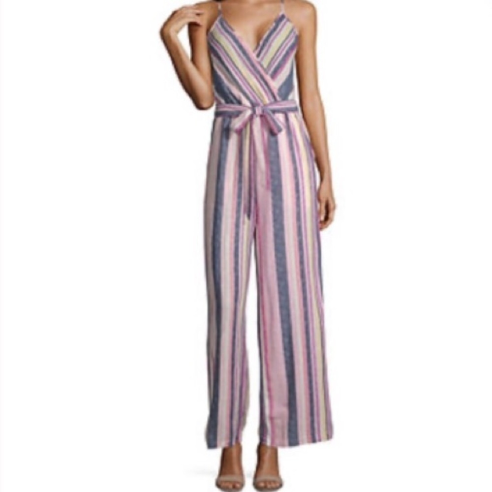 ECI NWT Stripped Wide Leg Linen Colorful Jumpsuit Size XS